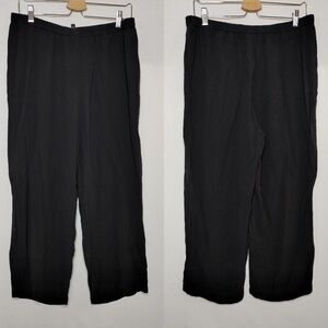 Eileen Fisher Silk Elastic Waist Pants Wide Straight Leg Black Crop Ankle Medium